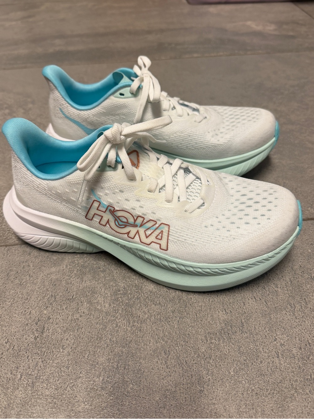 HOKA Mach 6 Frost Aqua Rose Gold Running Shoes Sneakers White Blue Turquoise 6.5